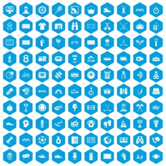 Fototapeta na wymiar 100 sport journalist icons set in blue hexagon isolated vector illustration