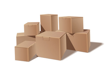 Pile of stacked sealed goods cardboard boxes.