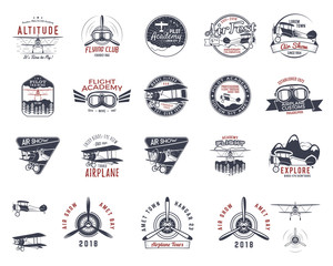 Vintage hand drawn old fly stamps. Travel or business airplane tour emblems. Biplane academy labels. Retro aerial badge isolated. Pilot school logo. Plane tee design, prints, web design. Stock  © jeksonjs