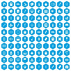 Fototapeta na wymiar 100 stationery icons set in blue hexagon isolated vector illustration