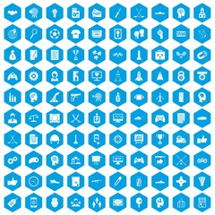 100 strategy icons set in blue hexagon isolated vector illustration