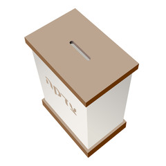 Tzedakah box vector illustration. Simple tzedaka box with golden brown top and bottom and Hebrew text Tzedakah. Top view donation box with coin slot. Translation - Make charity donation.