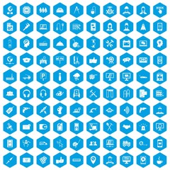 100 support center icons set in blue hexagon isolated vector illustration