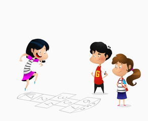 Illustration of many children playing hopscotch