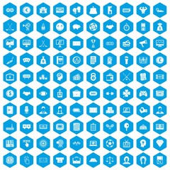 Fototapeta na wymiar 100 sweepstakes icons set in blue hexagon isolated vector illustration