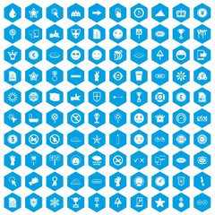 100 symbol icons set in blue hexagon isolated vector illustration