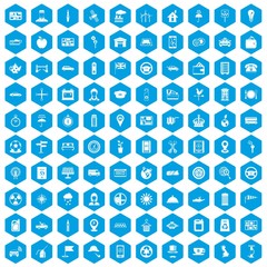 100 taxi icons set in blue hexagon isolated vector illustration