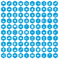 100 tea cup icons set in blue hexagon isolated vector illustration