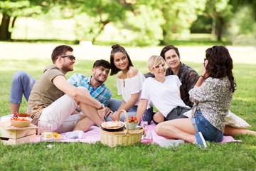 friendship, leisure and technology concept - group of happy smiling friends photographing at picnic in summer park