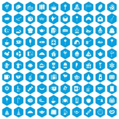 100 tea party icons set in blue hexagon isolated vector illustration