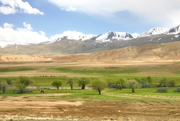 Obraz premium The route of beautiful scenic from Bishkek to Naryn with the Tian Shan mountains of Kyrgyzstan