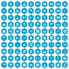 Fototapeta na wymiar 100 tea time food icons set in blue hexagon isolated vector illustration