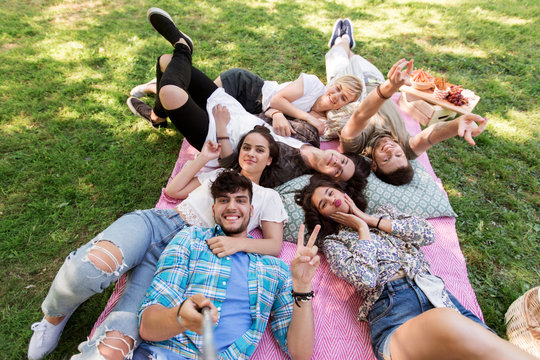 friendship, leisure and technology concept - group of happy smiling friends taking picture by selfie stick chilling on picnic blanket at summer park