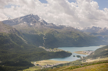 St. Moritz, Corvatsch, Surlej, Silvaplana, Silvaplanersee, Seenpatte, Champfèr, Wanderweg, Bergbahn, Oberengadin, Alpen, Graubünden, Sommer, Schweiz