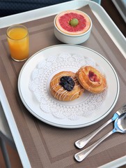 Breakfast tray on a table on a cruise ship balcony