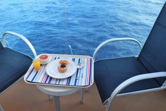 Breakfast tray on a table on a cruise ship balcony