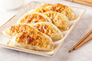 Plate of asian gyoza, dumplings snack.