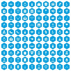 100 valentine day icons set in blue hexagon isolated vector illustration