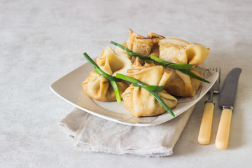 Crepes (pancakes) stuffed with chicken and mushrooms on a wooden cutting board served with sour cream. Traditional food on a pancake week. Traditional dish of Slavic cuisine.