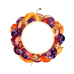 Watercolor round frame with whole and cut fruits: plums, cherries and peaches on a white background for creative design