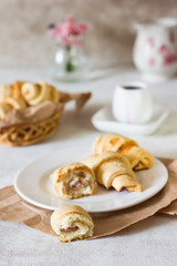 Red berry filling short crust pastry crescent rolls cookies. Jam rugelach (croissant), freshly baked sweet buns or bread rolls. Copy space for your text