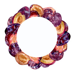 Watercolor round frame with whole and cut fruits plums on a white background for creative design