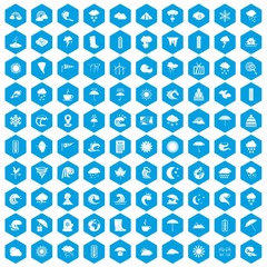 Fototapeta na wymiar 100 weather icons set in blue hexagon isolated vector illustration