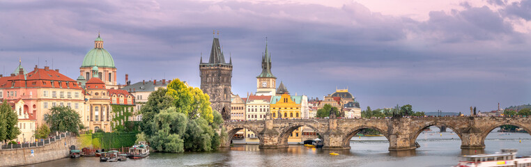 Panorama of Chalres Bridge in Prague, Czech Republic