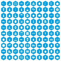 100 wellness icons set in blue hexagon isolated vector illustration