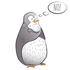 Cute cartoon penguin character saying no sticker; denying penguin; vector illustration EPS10