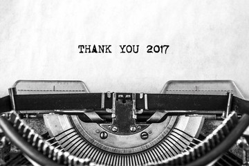 THANK YOU 2017, the text is typed in a vintage typewriter. Old paper, close-up.