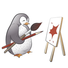 Cute cartoon penguin character looking at painting; penguin holding brush and pencil; vector illustration EPS10