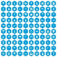 100 winter holidays icons set in blue hexagon isolated vector illustration
