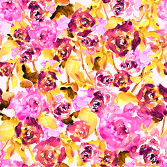 Seamless pattern of watercolor bright pink roses and leaves