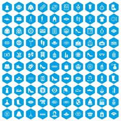 Fototapeta na wymiar 100 woman shopping icons set in blue hexagon isolated vector illustration