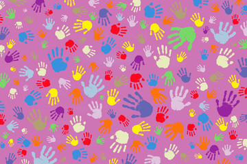 Background of many colored handprints on a pink background