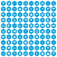 Fototapeta na wymiar 100 woman sport icons set in blue hexagon isolated vector illustration