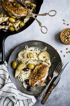 Garlic White Wine Skillet Chicken with Olives & Artichokes