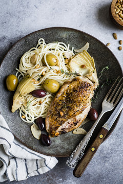 Garlic White Wine Skillet Chicken with Olives & Artichokes