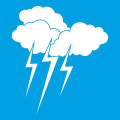 Fototapeta na wymiar Cloud with lightnings icon white isolated on blue background vector illustration