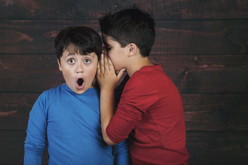 Portrait of two boys whispering secret on wooden background