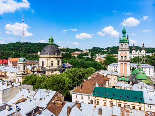 aerial view of old european city in summer time