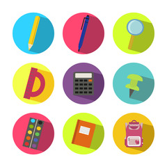 School supplies set with school bag, ruler, calculator, pen, pencils, paints, backpack, etc. Vector illustrations.