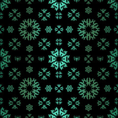 Fototapeta na wymiar Blue geometric gleaming ornament on black background. Seamless pattern 