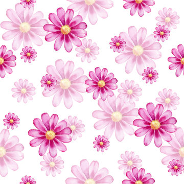 Watercolor hand painted seamless pattern of pink flowers.