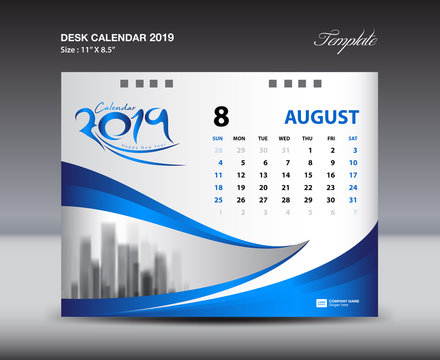 AUGUST Desk Calendar 2019 Template, Week starts Sunday, Stationery design, flyer design vector, printing media creative idea design, blue background