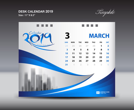 MARCH Desk Calendar 2019 Template, Week starts Sunday, Stationery design, flyer design vector, printing media creative idea design, blue background