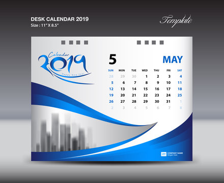 MAY Desk Calendar 2019 Template, Week starts Sunday, Stationery design, flyer design vector, printing media creative idea design, blue background