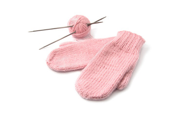 Pink mittens isolated on white background