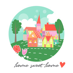 vector cute village illustration. home sweet home. children doodles. houses.